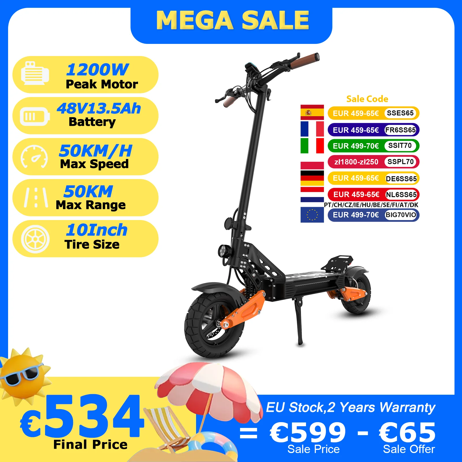 Trottinette électrique JUICEASE C67Lite 48V13.5Ah, moteur haute puissance 1200W, autonomie 50KM, vitesse 50KM/H, pneus larges de 10 pouces, trottinette tout-terrain