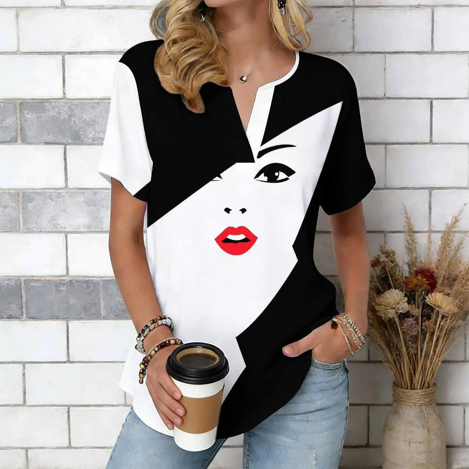 Women Print Notched V Neck Short Sleeve Casual Loose Tunic Tops