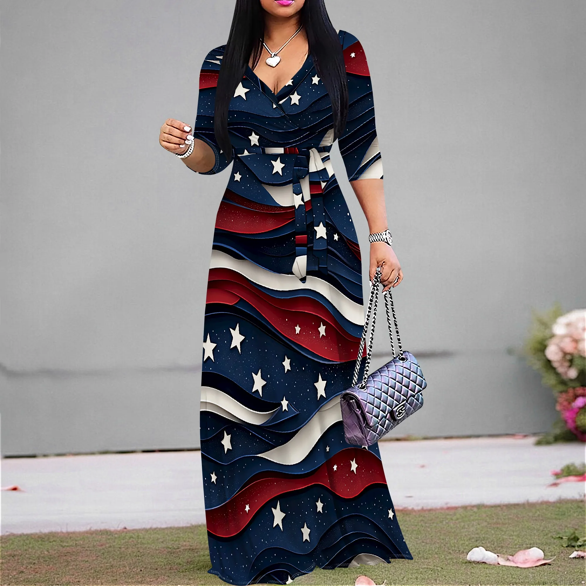 

Plus Size American Flag Print V-Neck Maxi Dress for Women 4th of July Party Patriotic Holiday Wrap Dress XS-3XL