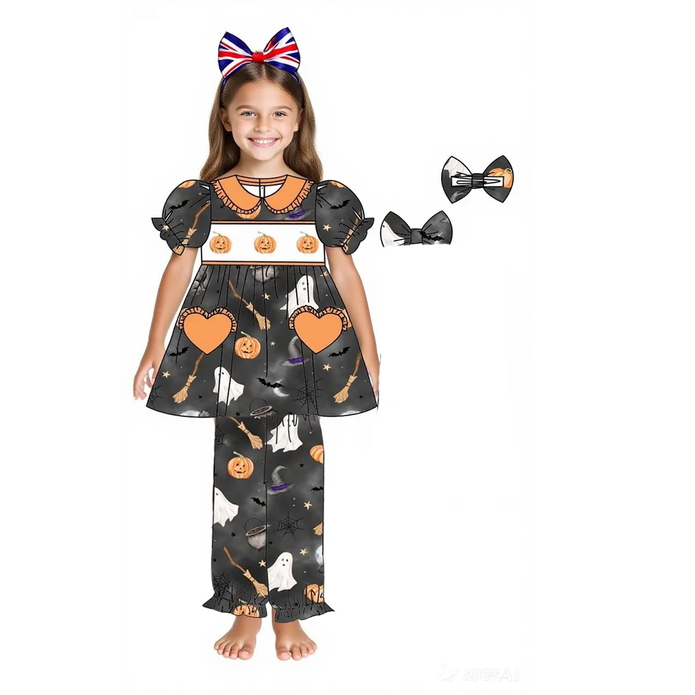 

Newest design Halloween horror pumpkin ghost print children's clothing children's pajamas heart pocket pajamas baby set