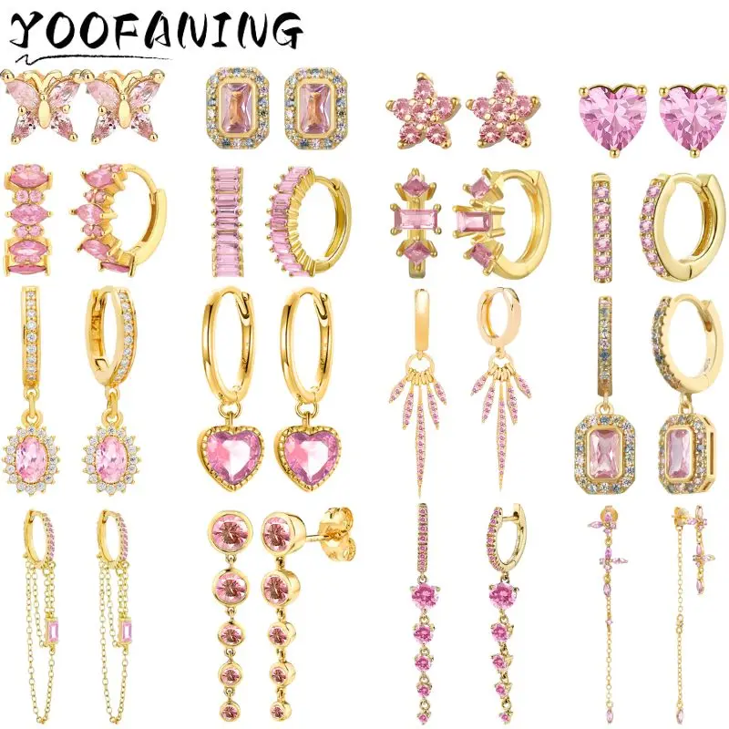 

925 sterling Silver Ear Needle Sweet and Romantic Pink Series Zircon Earrings Women's Geometric Hoop Earrings Exquisite Jewelry