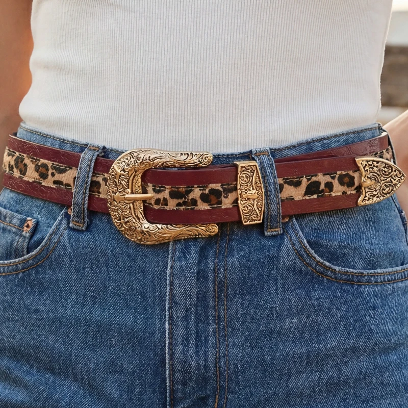 Hot Selling Fashion Women's Carved Buckle Leopard Print Belt Retro PU Belt Punk Jeans Pants Women Belts Y2k