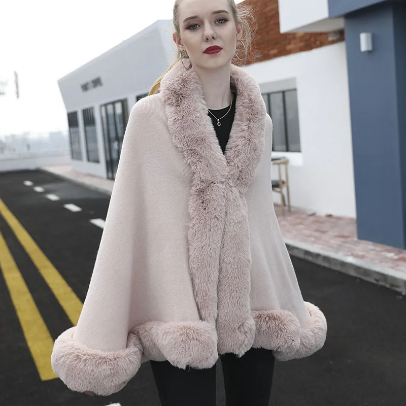 Winter Warm Soft Faux Rabbit Fur Cape Shawl Coat Knit Poncho Cloak Women Fashion Cardigan Wraps Party Cape