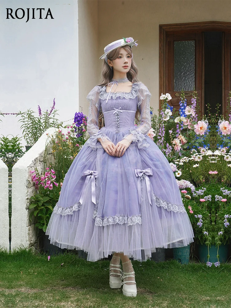 فستان بأكمام طويلة ورقبة مربعة مع حاشية مرفوعة OP فستان عتيق على شكل هيكل السمكة أنيق أرجواني طويل LO للنساء