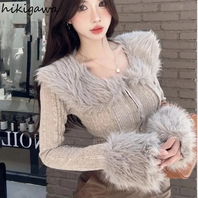 Temperament Sueter Mujer Tunic Zipper Sweater Women's Clothing Solid Color Long Sleeve Furry Collar Chic Knit Crop Cardigan Tops