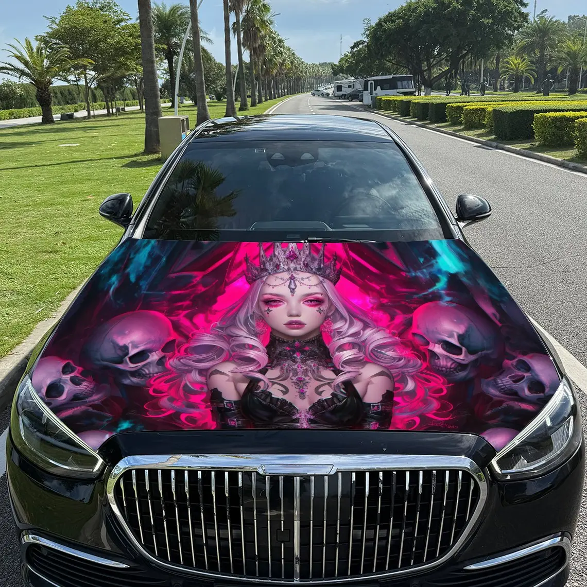 

Cool Pink Haired Skull Queen Car Vinyl Wrap, PVC Waterproof Car Hood Sticker, Self-Adhesive Scratch-Resistant Stickers for Engin