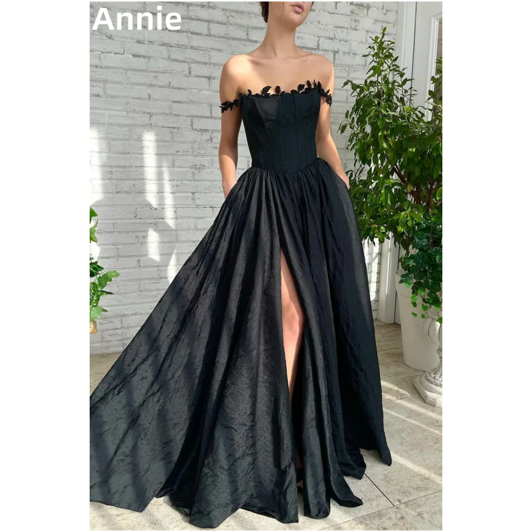 Annie Black Fairy Wedding Dress 3D Embroidery Princess Prom Dresses Sexy Off-shoulder Side Slit Bespoke Occasion Dresses