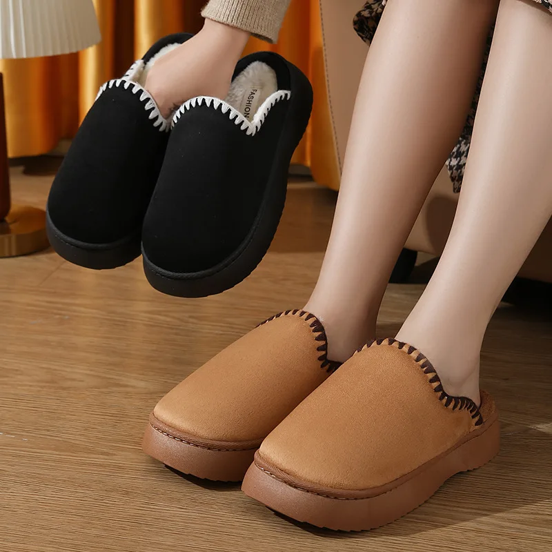 

Winter New Plush Lined Platform Slippers Women's Faux Suede Home Cotton Slippers 2024 Thick Bottom Warm Cotton Slippers Woman