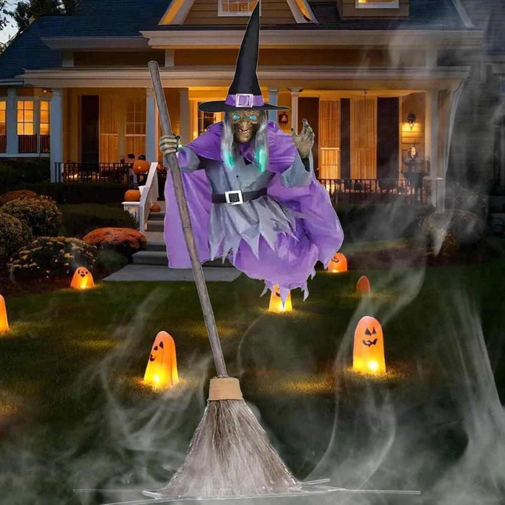 

Halloween Garden Witch Props Outdoor Flying Witch with Terrifying Sounds and Lights Decor Broom Wizard Yard Decorations