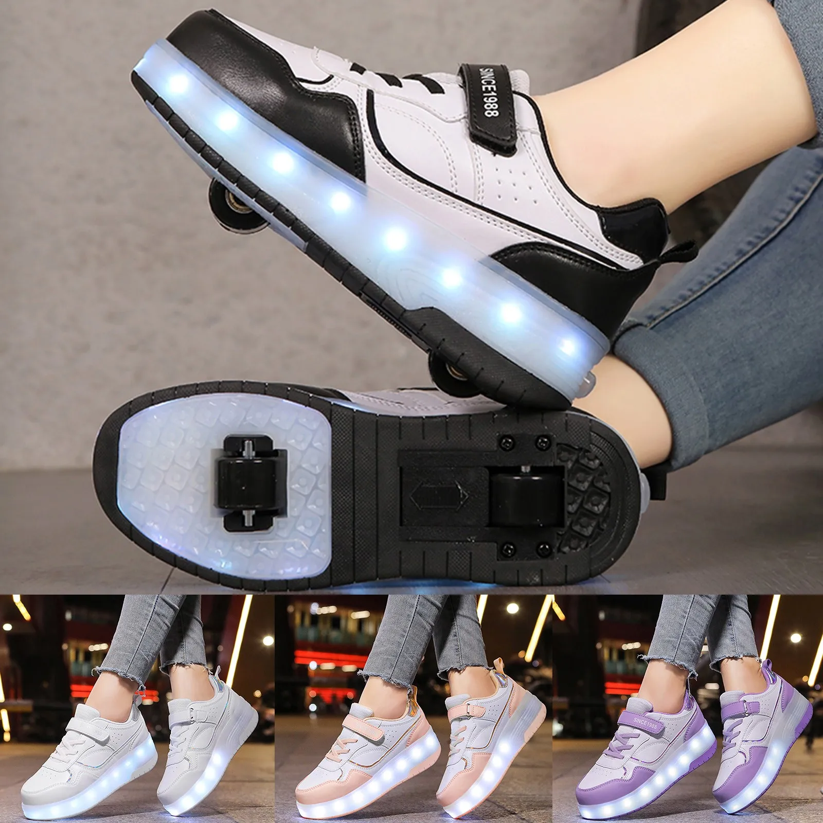 Boys Women Kids Roller Skates Shoes Children LED Light Sneakers 4 Wheels Luminous Shoes with Wheels Lights Rechargeable Girls