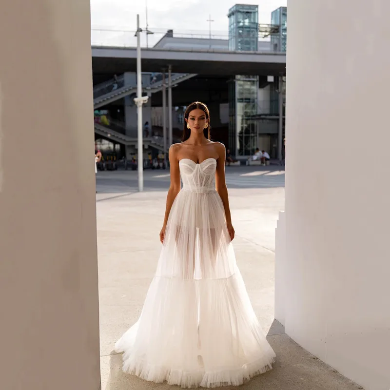 

Customized Classic A-Line Tulle Wedding Dresses Sleeveless Simple Strapless Sexy Backless with Zipper Gowns Vestido De Novia