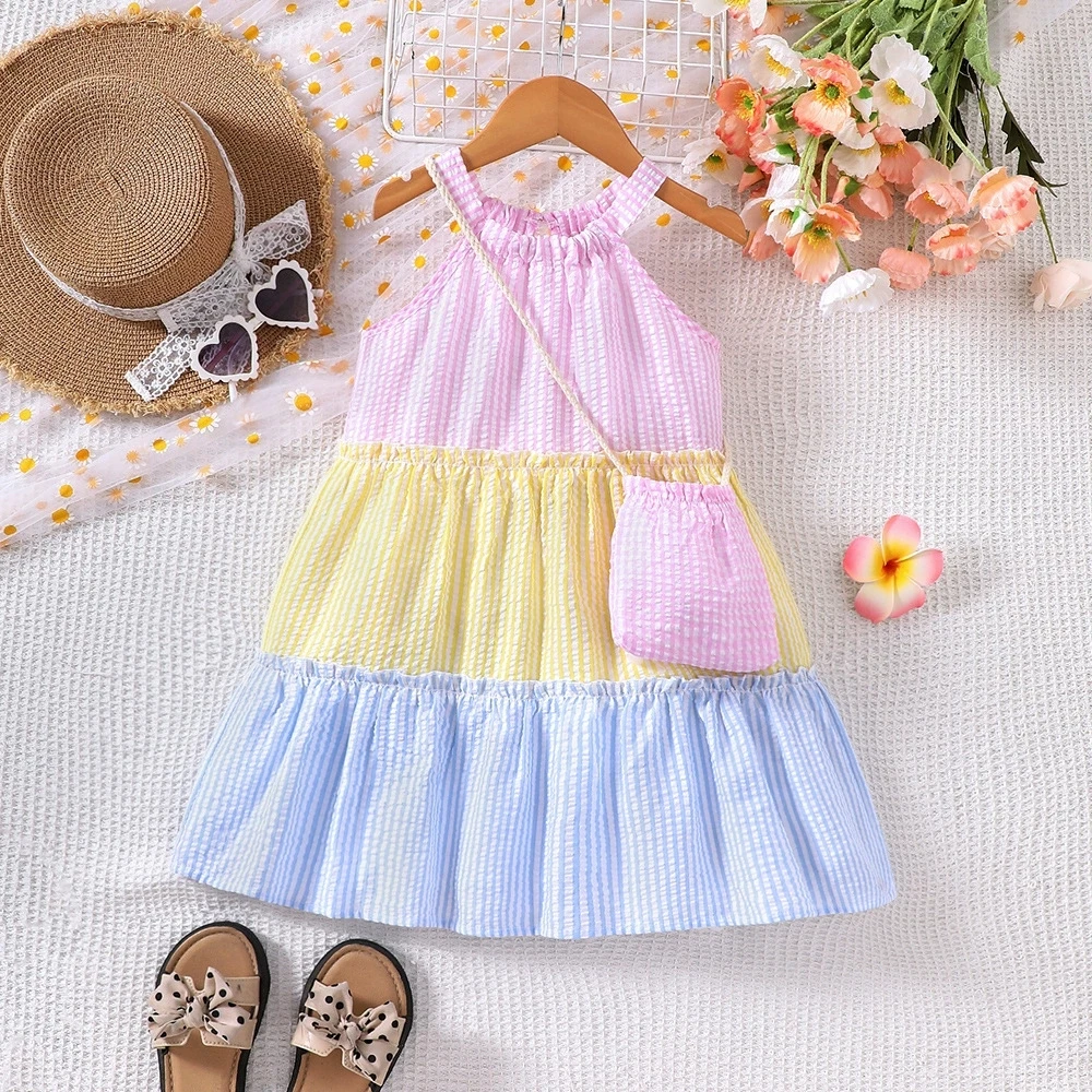 

2025 Kids Girl Summer Dress With Stripes and Ruffle Hem For Beach Vacation Outdoor Children Clothes Casual Wear For 2 3 4 5 6 7Y