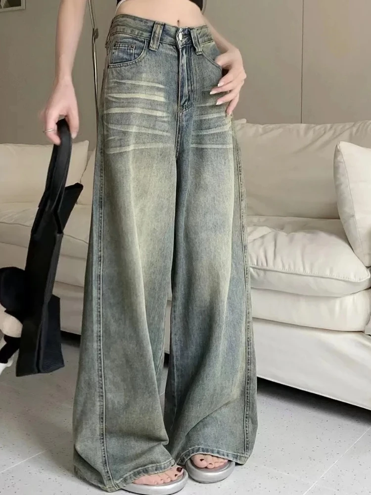 Damskie jeansy Y2K z szerokimi nogawkami, luźne spodnie, szeroki krój, casualowe, z wysokim stanem, retro, sprane, w stylu vintage. — zdjęcie 2