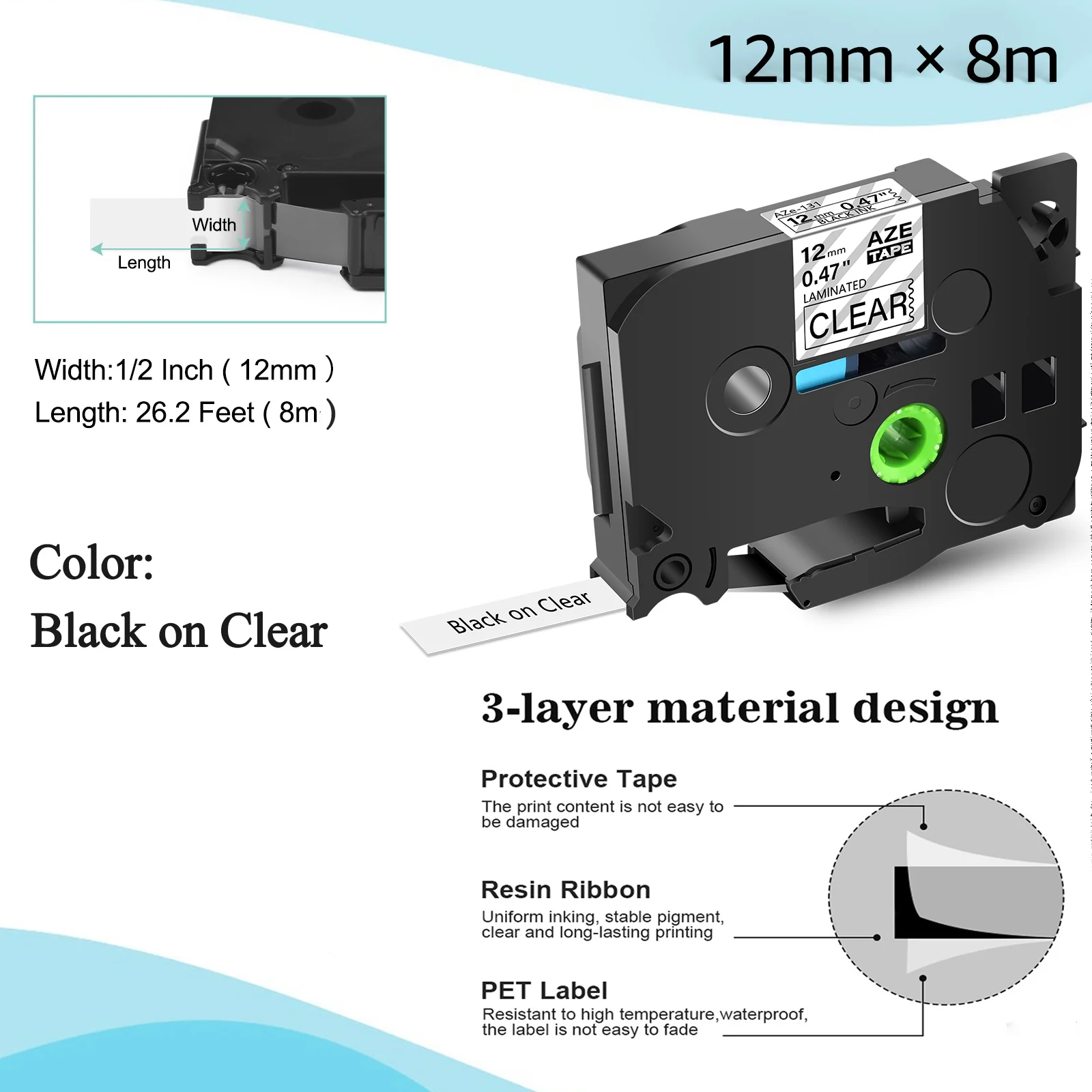 5PK Label Tape Compatible Brother 6/9/12/18/24mm TZE131 Laminated Black on Clear Cartridge Cassette for P-Touch PT-1000 PT-H101C