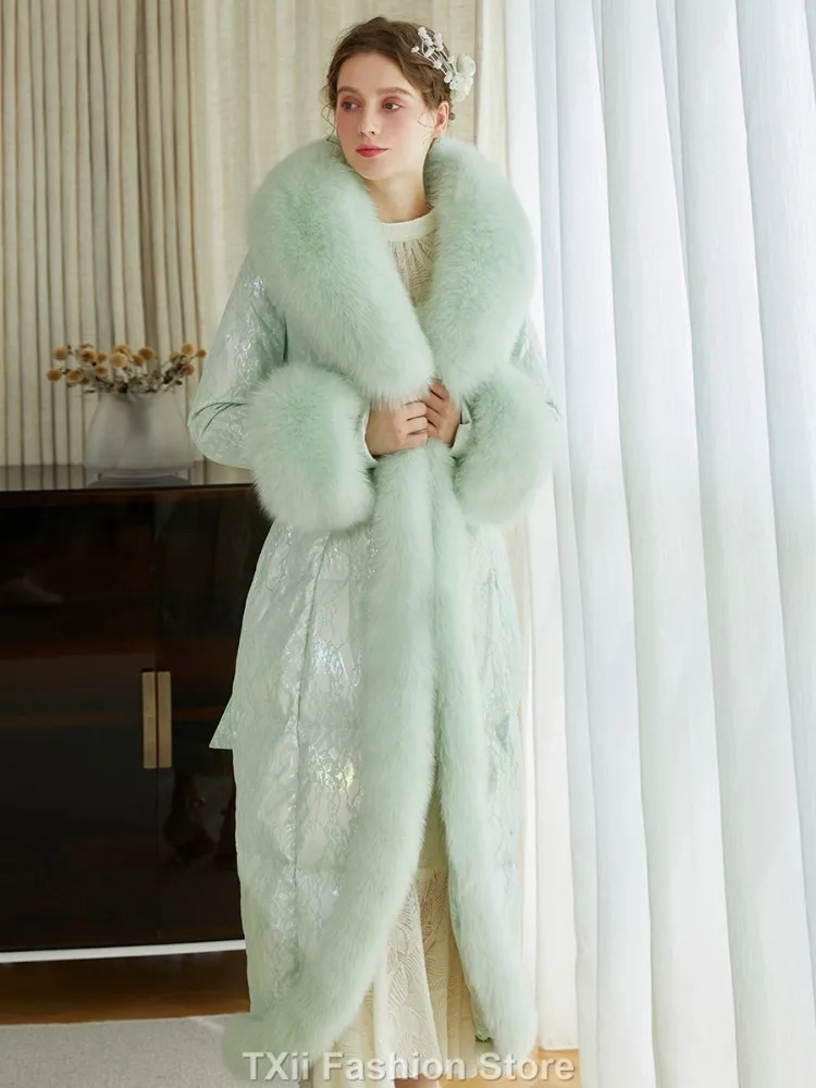 

Glossy Green Luxury Natural Fox Fur Coat Thick Warm Down Coat New 2023 Fox Fur Cuff 90% White Duck Down jacket Women -30 degrees