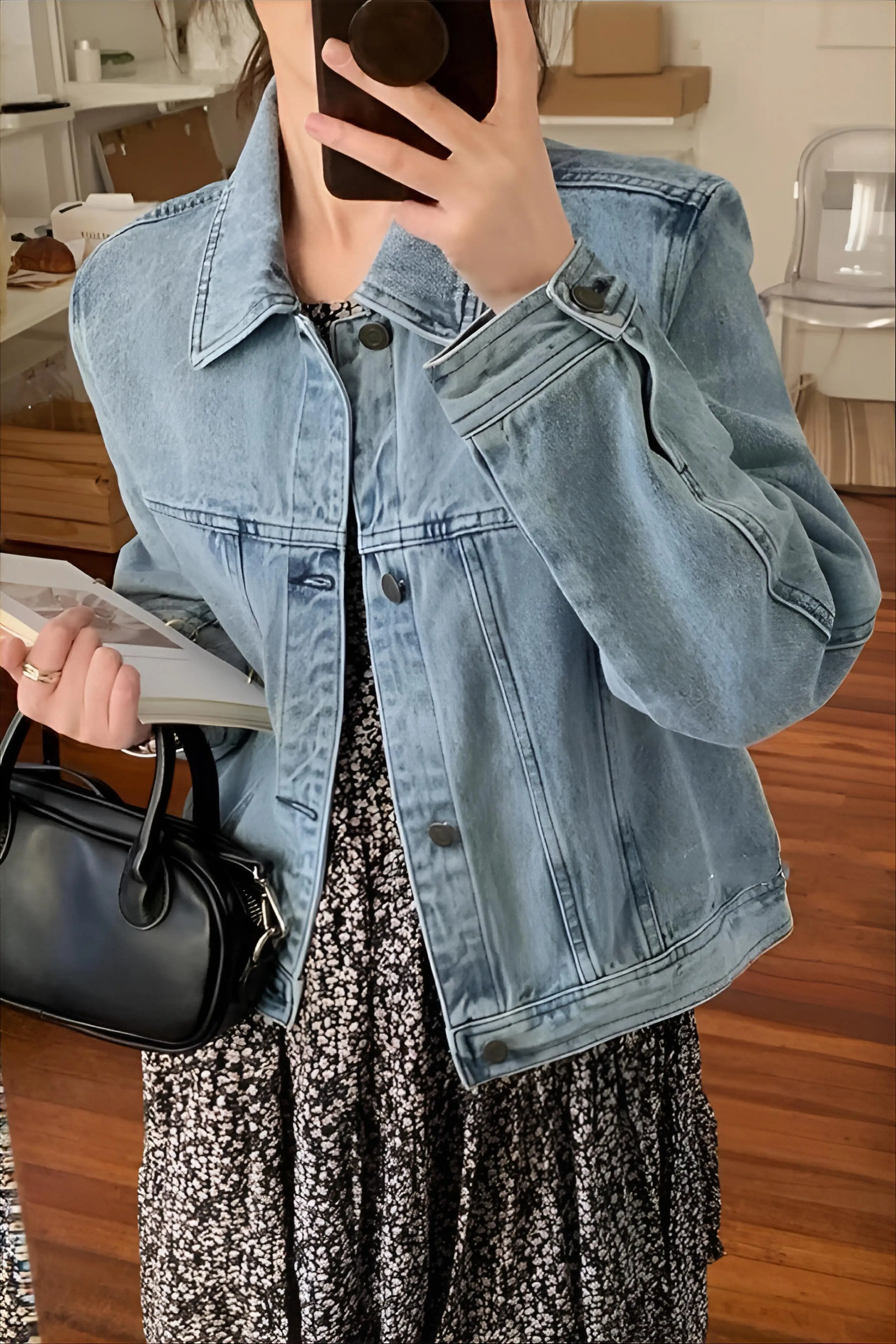 

Denim Coat Brown Color Womens Autumn Fleece Bomber Blended Ruffled Epaulettes Collared Camping Grunge Retro Relaxed Baggy Jacket