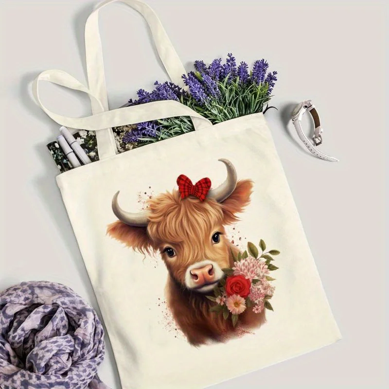 2Pcs Highland Cow Shoulder Bag Set Casual Canvas Tote Cute Aesthetic Handbags with Zipper Makeup Bag Student Friends Decorate