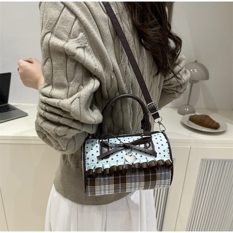 Korean Bow Polka Dot Bag Fashion Bowler Bag Color-blocked Lace Y2k Style Handbag Retro Sweet Plaid Crossbody Zipper Shoulder Bag