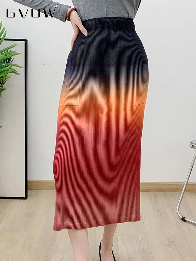 

GVUW Pleated Print Skirt Women Elastic Waist Spliced Pockets New 2024 Versatile Fashion Elegant Lady Loose Skirts 17G8449