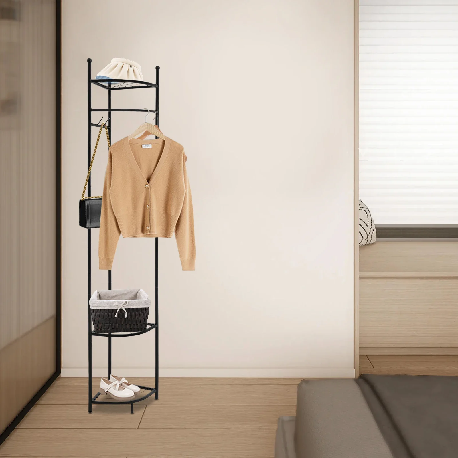 Corner hanger Floor to floor bedroom corner simple hanging clothes rack Three layer corner coat rack - black