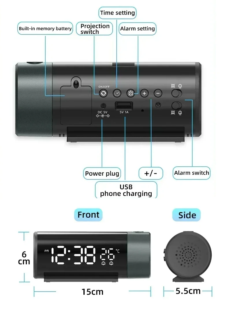 NEW 2026 LED Digital Projection Alarm Clock Electronic Alarm Projection FM Radio Time Projector Bedroom Bedside Mute Clocks