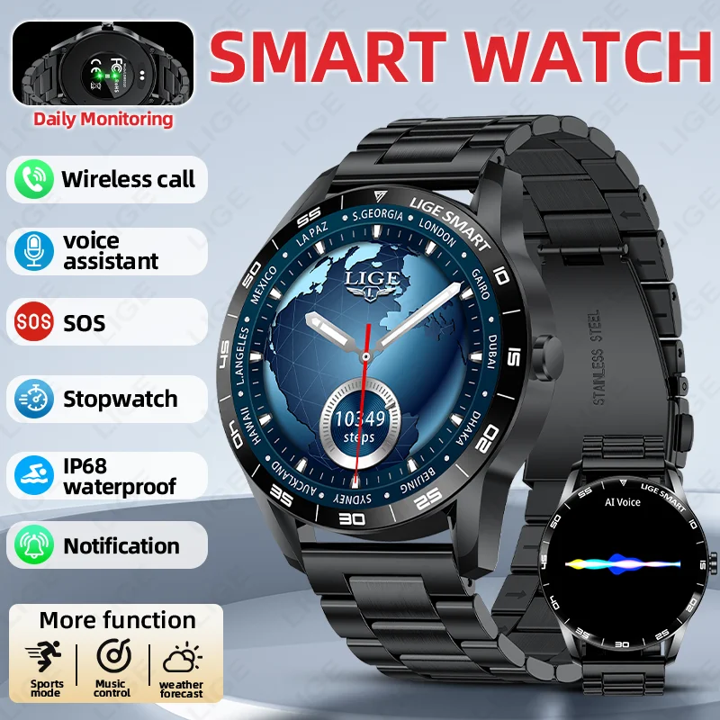 

LIGE Смарт-часы Спортивный фитнес-трекер Монитор здоровья сна Голосовой помощник Часы BT Call Водонепроницаемые умные часы для IOS Android