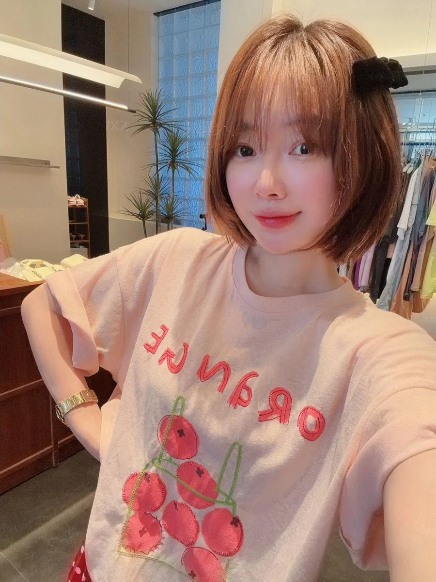 

plus Size Women's Fashionable Summer T-Shirt Short Sleeve Embroidered Tomato Print Commute Style Versatile Top Casual Wear