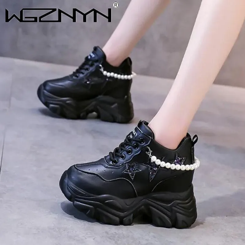 

NEW Luxury Women Lace Up Height Increase Designer Shoes Woman Fashion Pearl White Sneaker Shiny Sequins Chunky Platform Sneakers