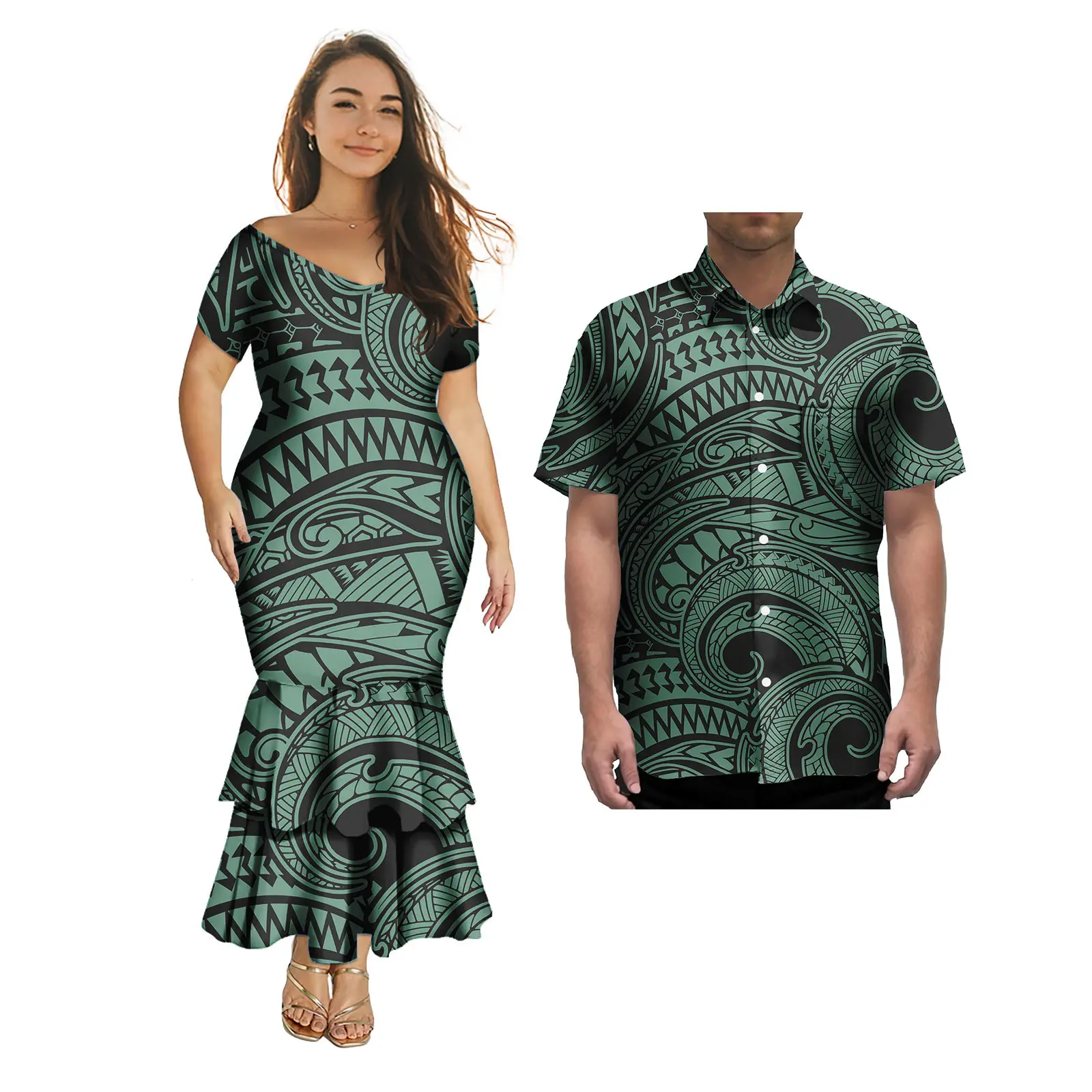 Nova venda quente roupas de casal 2 pçs personalizado samoa tonga polinésia tribal feminino com decote em v sereia vestido de baile jogo aloha camisa masculina