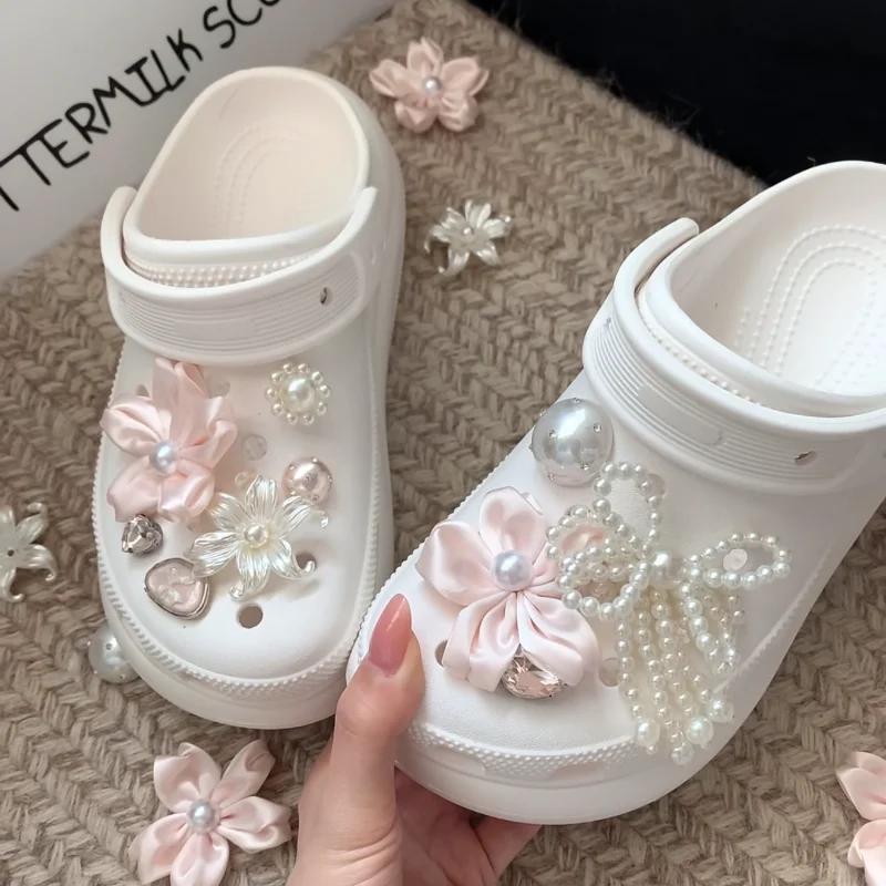 

Pink Flower Pearl Bow Shoe Charms Crystal Clog Shoes Decorations DIY Accessories for Garden Sandals Women Girls Gifts