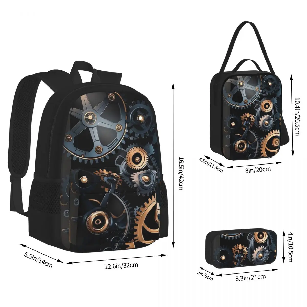 Mechanical Machine Gears Steampunk Style Backpacks Children Bookbag School Bags Rucksack Lunch Bag Pen Bag Three-Piece Set