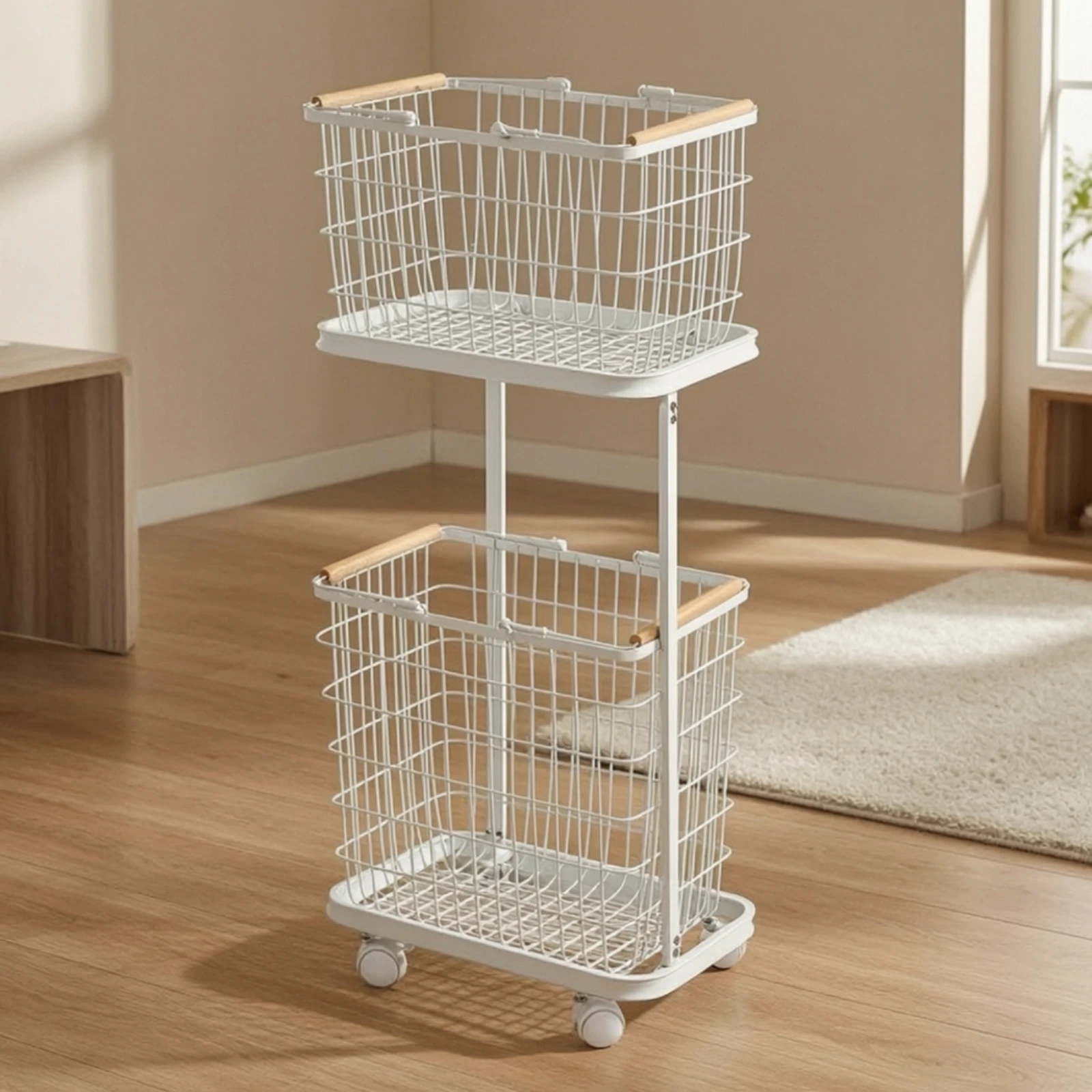 Rolling Laundry Basket Cart Compact Two-Tier Laundry Cart Vertical Sturdy for Bathroom, Bedroom