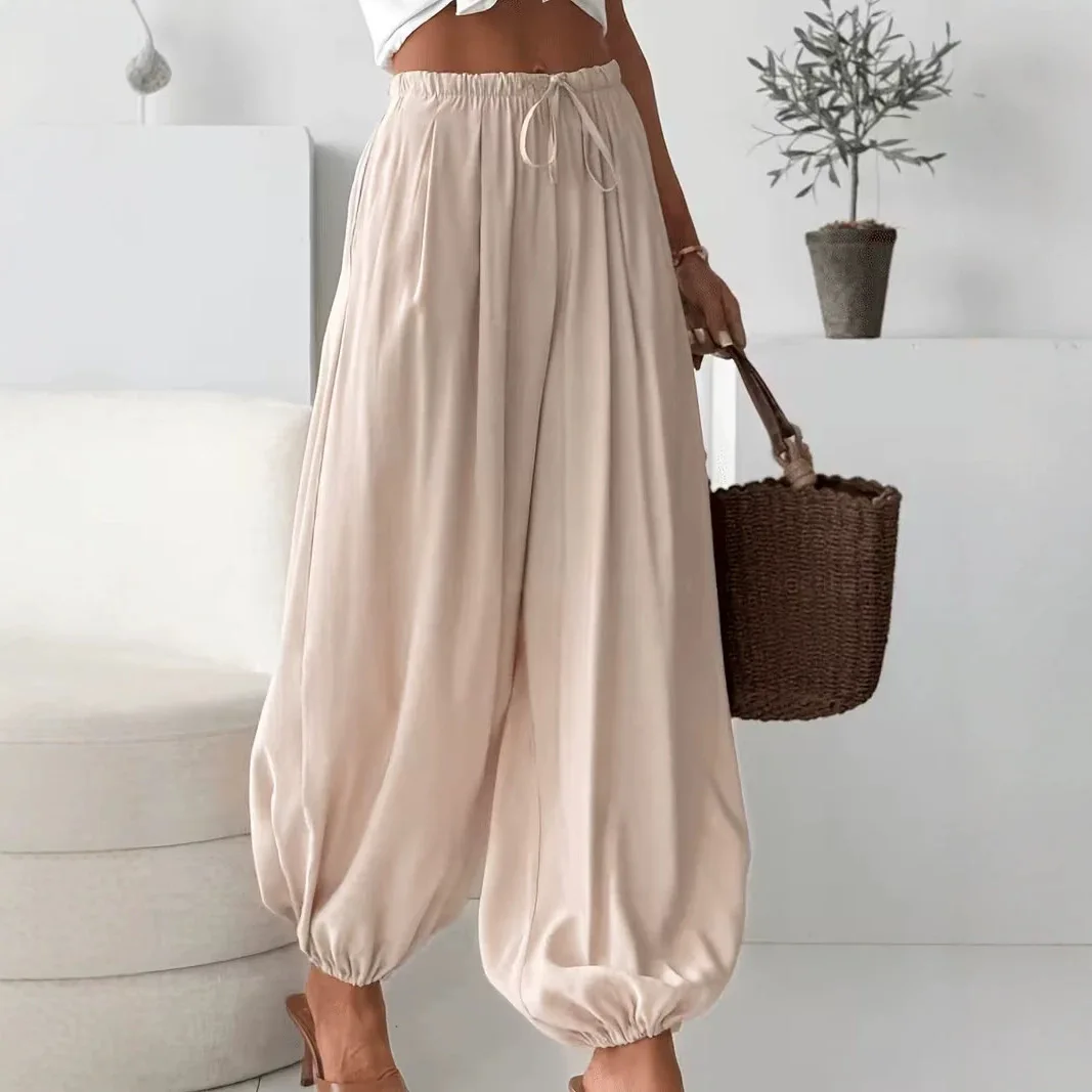 Women's Summer Loose Drawstring Wide Leg Cropped Lantern Pants Vintage Draped Effect Harem Pants