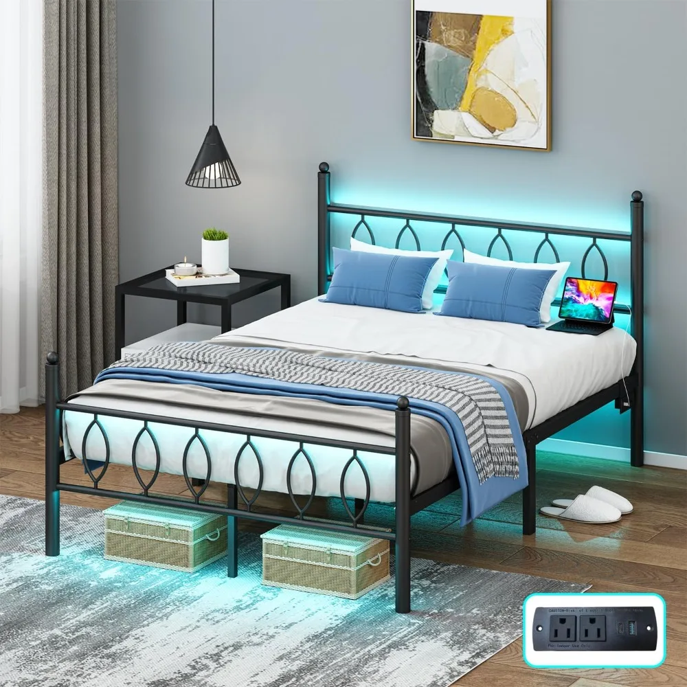 

Full Size Bed Frame with Headboard,Black Metal Platform Bed Frame Full Size with Charging Station & LED Lights,12-Inch Under Bed