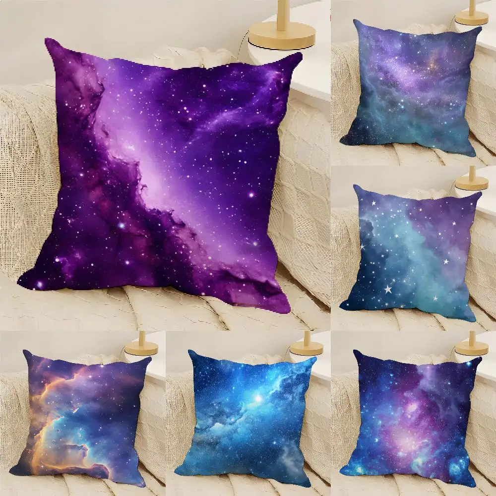 Blue Galaxy Nebula Starry Cushion Cover Natural Linen Organic Fabric Double-Sided Printing Sofa Home Decor Gift Pillow Cover