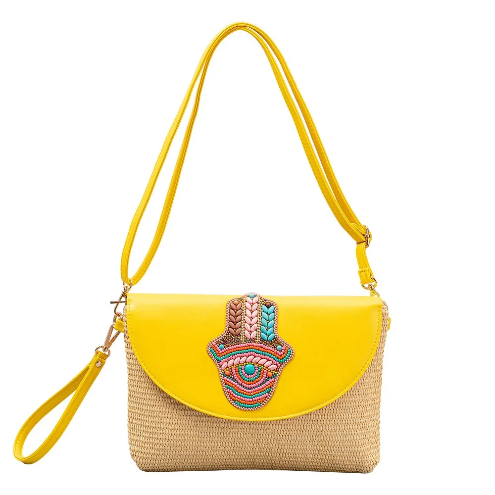 Exquisite Design Women Woven Hand Bag High Quality Luxury Rice Bead Decoration Woven Bag Women Messenger Shoulder Bag