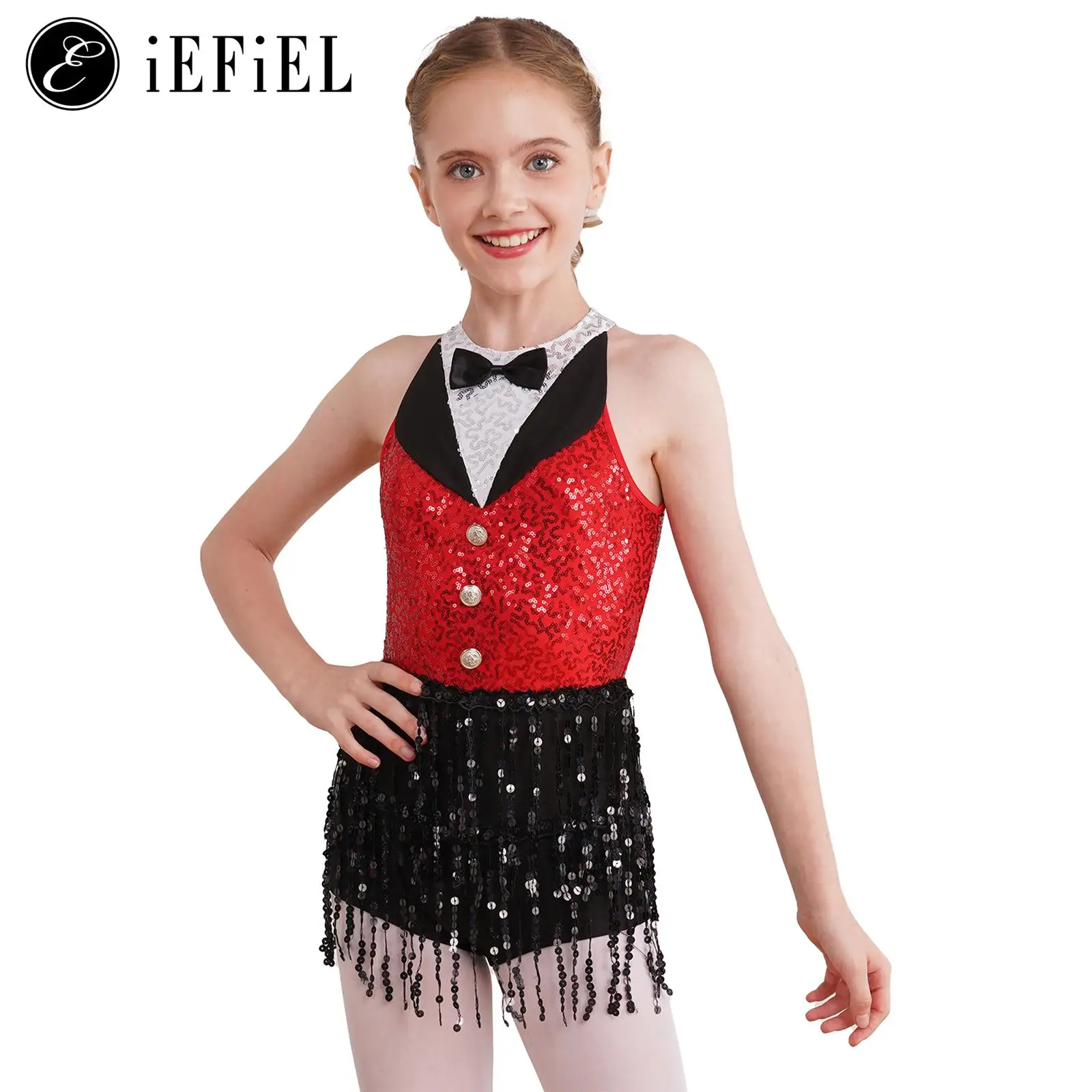 

Kids Girls Sequins Jazz Dance Dress Bowtie Neck Sequins One Piece Bodysuits Tassel Skirts Modern Dancewear for School