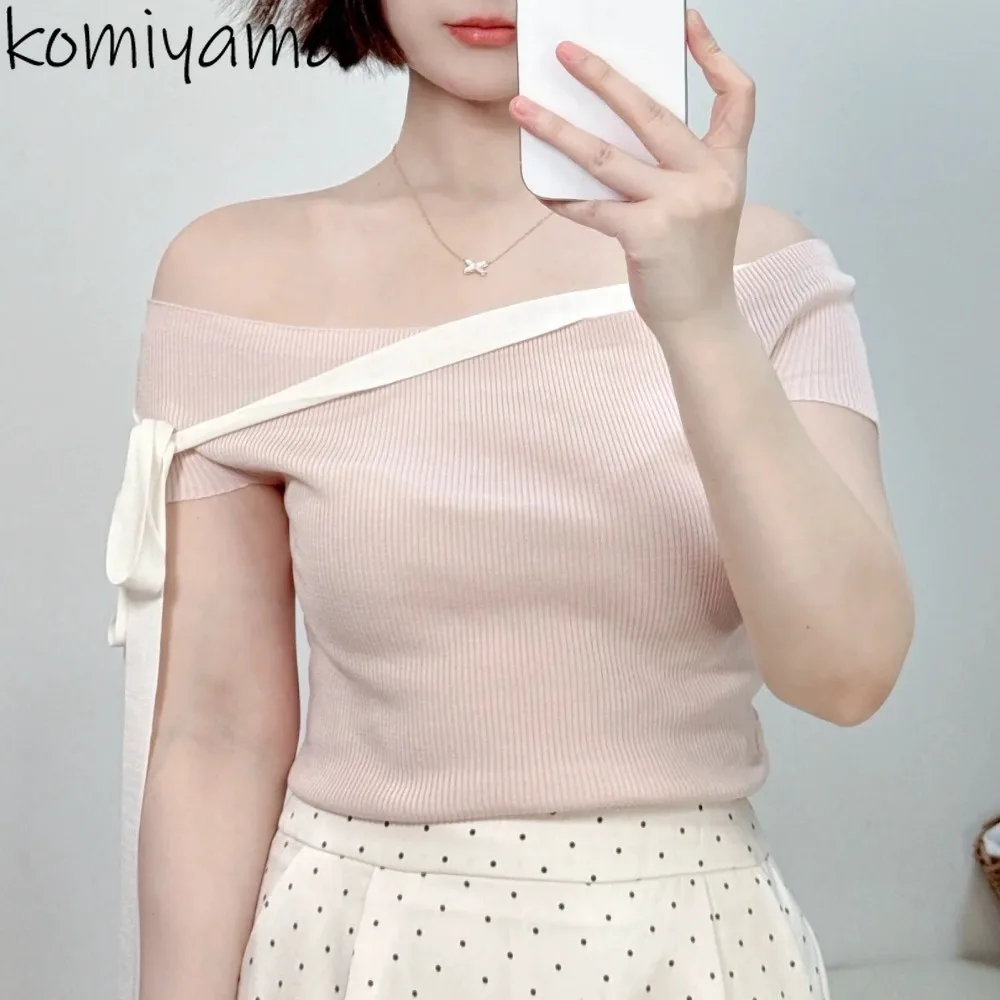 

2025 Off Shoulder Knit Woman Clothing Hit Color Slash Neck Ropa De Mujer Summer Sweet Clothes Ribbon Design T Shirt Roupas