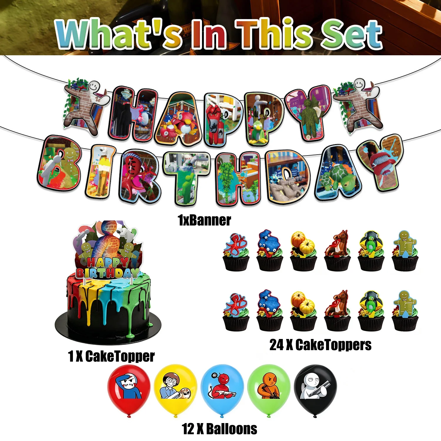 Garten of Banban Birthday Party Supplies Banner Cake Cupcake Toppers Latex Balloons Kids Boys Video Game Theme Decorations
