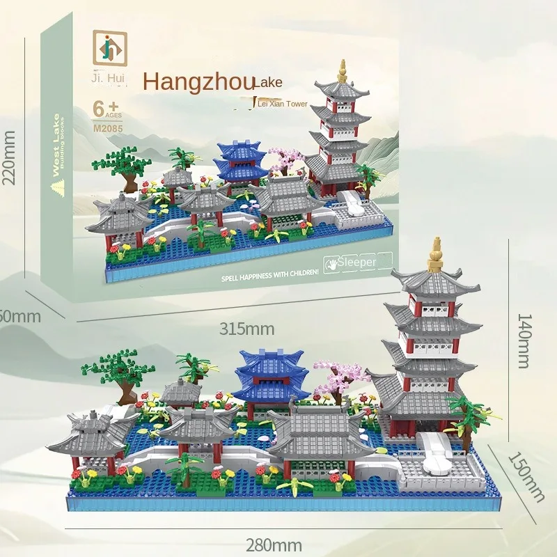 Hangzhou-Modèle de bloc d'assemblage d'architecture de paysage de style chinois, lac de l'Ouest, cadeau de jouet transfrontalier