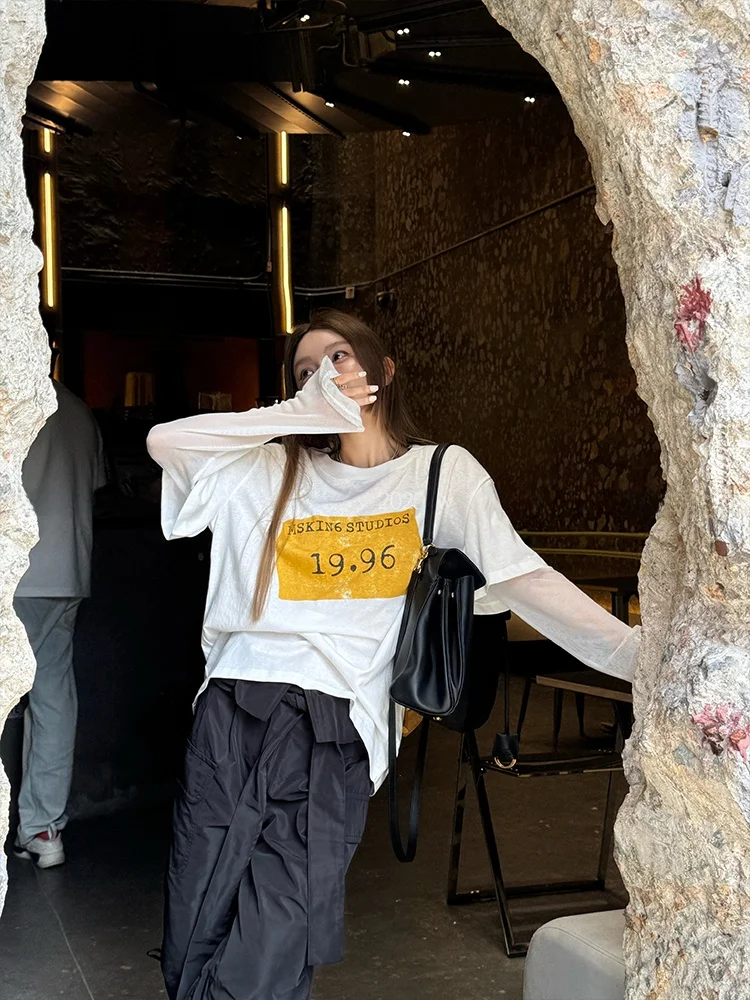 

MSKIN6 Vintage Sle Long Sve T-irt Women's Pure Cotton Patchwork Slimming Trendy Top Ci Walk Suitable Summer Autumn