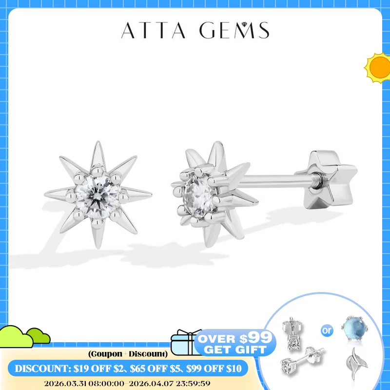 ATTAGEMS S925 Sterling Silver Starburst Stud Earrings for Women Moissanite Sparkle Star Ear Studs Engagement Party Gift Jewelry