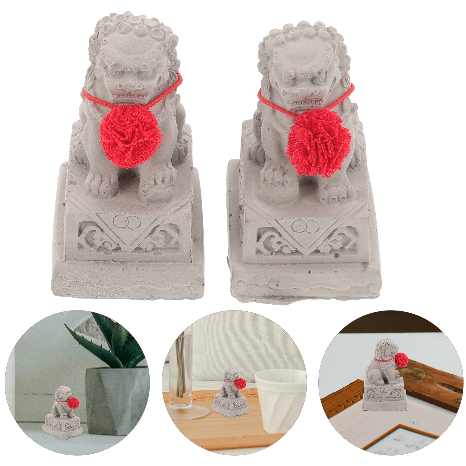 

2 Pcs Stone Lion Ornament Mini Cement Statues Feng Shui Adornment Home Office Decor Small Sculpture Traditional Chinese Figurine