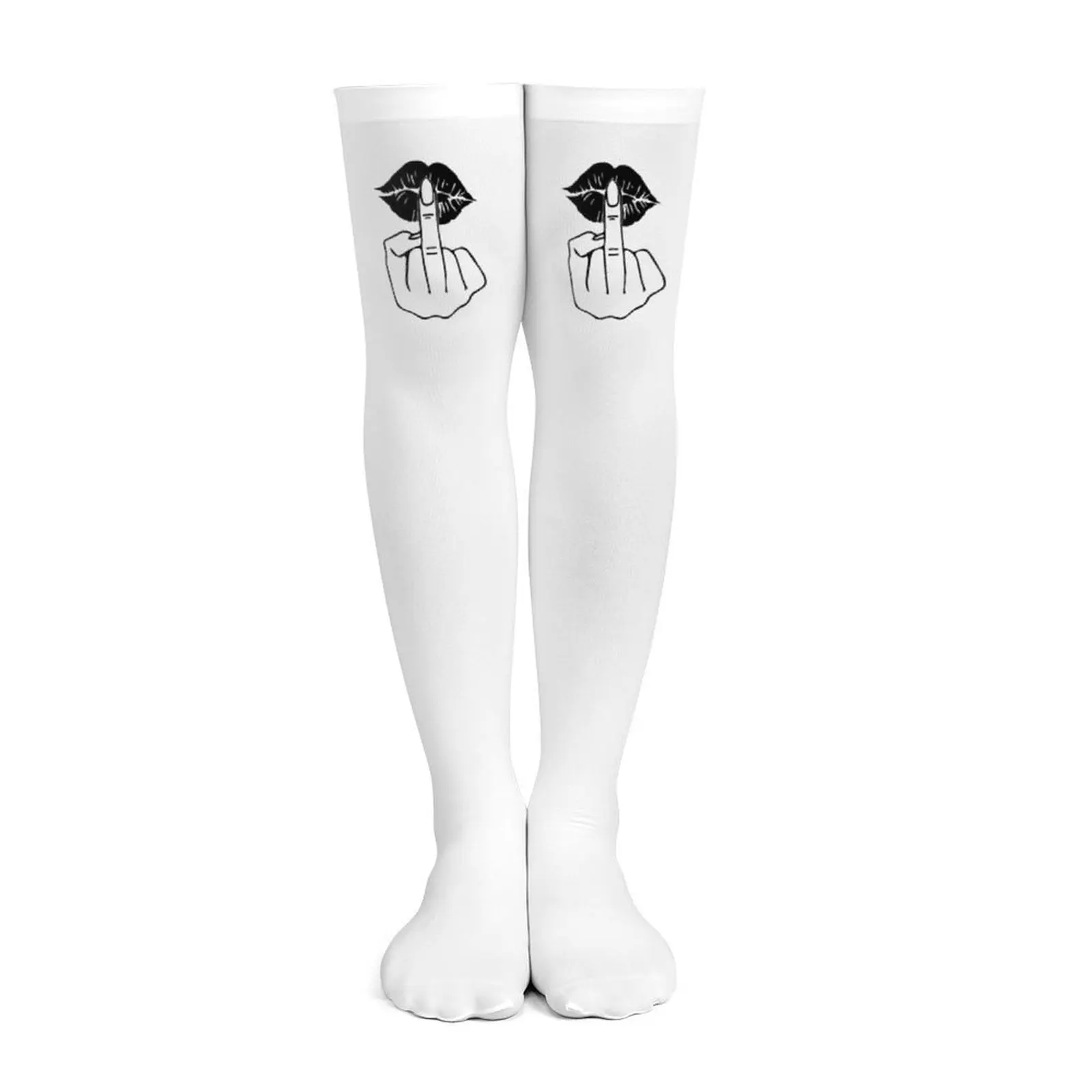 Ladies' white middle finger, red lip print thigh socks, provocative and innovative over the knee socks, adult breathable socks view 3