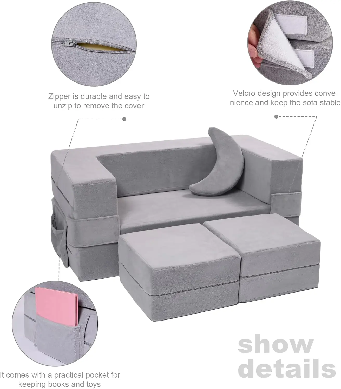 Sofá para niños, sillón de espuma para niños pequeños, juego de sofá de felpa convertible para niños, sofá cama plegable (gris)