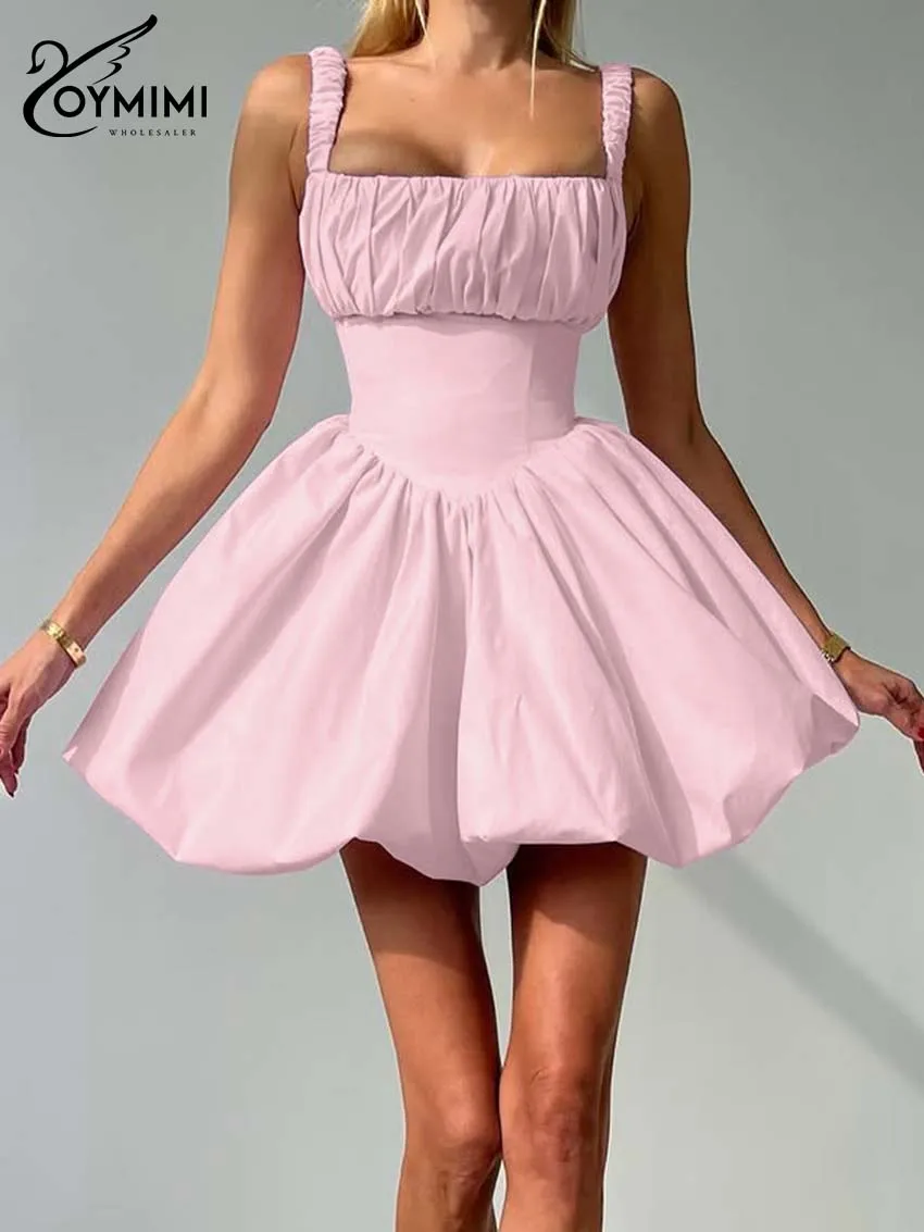 

Oymimi Fashion Pink Cotton Dresses For Woman Spaghetti Strap High Waisted Dresses Autumn New Pleated Mini Dress Female Clothing