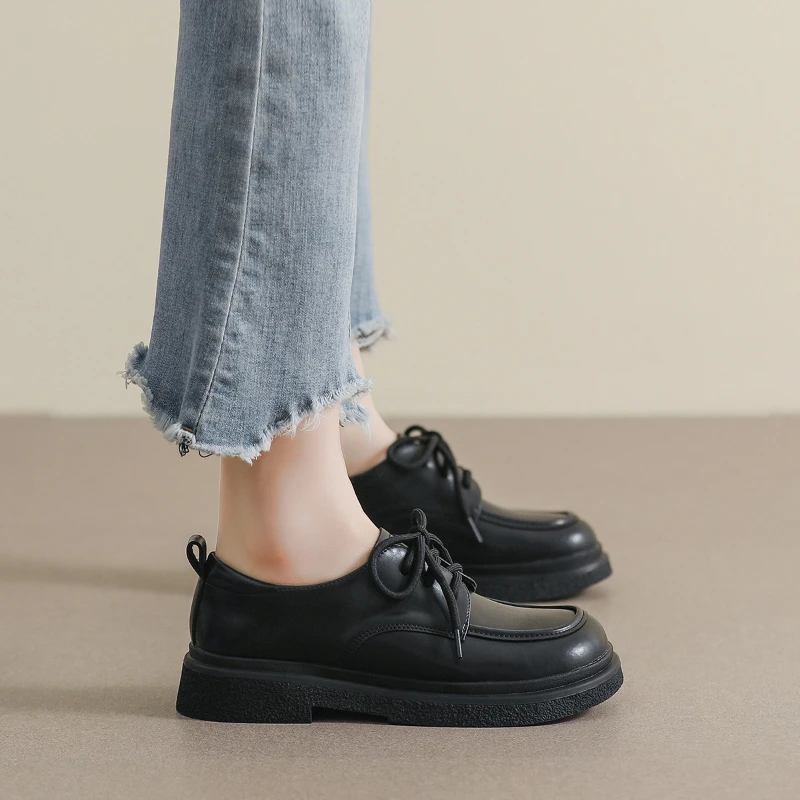 女性黒レースアップレザーシューズプレッピースタイルプラットフ - Women'S Shoes Loafers Black のレビューと価格