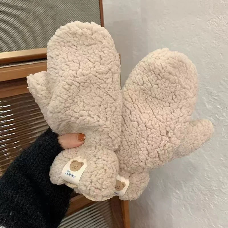 1Pair Winter Fashion Cute Bear Gloves For Women Girls Cartoon Soft Mittens Outdoor Thicken Warm Cold-proof Ski Riding Glove