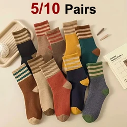 5/10 Double Autumn Winter Women Thick Middle Tube Socks Comfortable Warm Fashionable Striped Casual Terry-Loop Socks