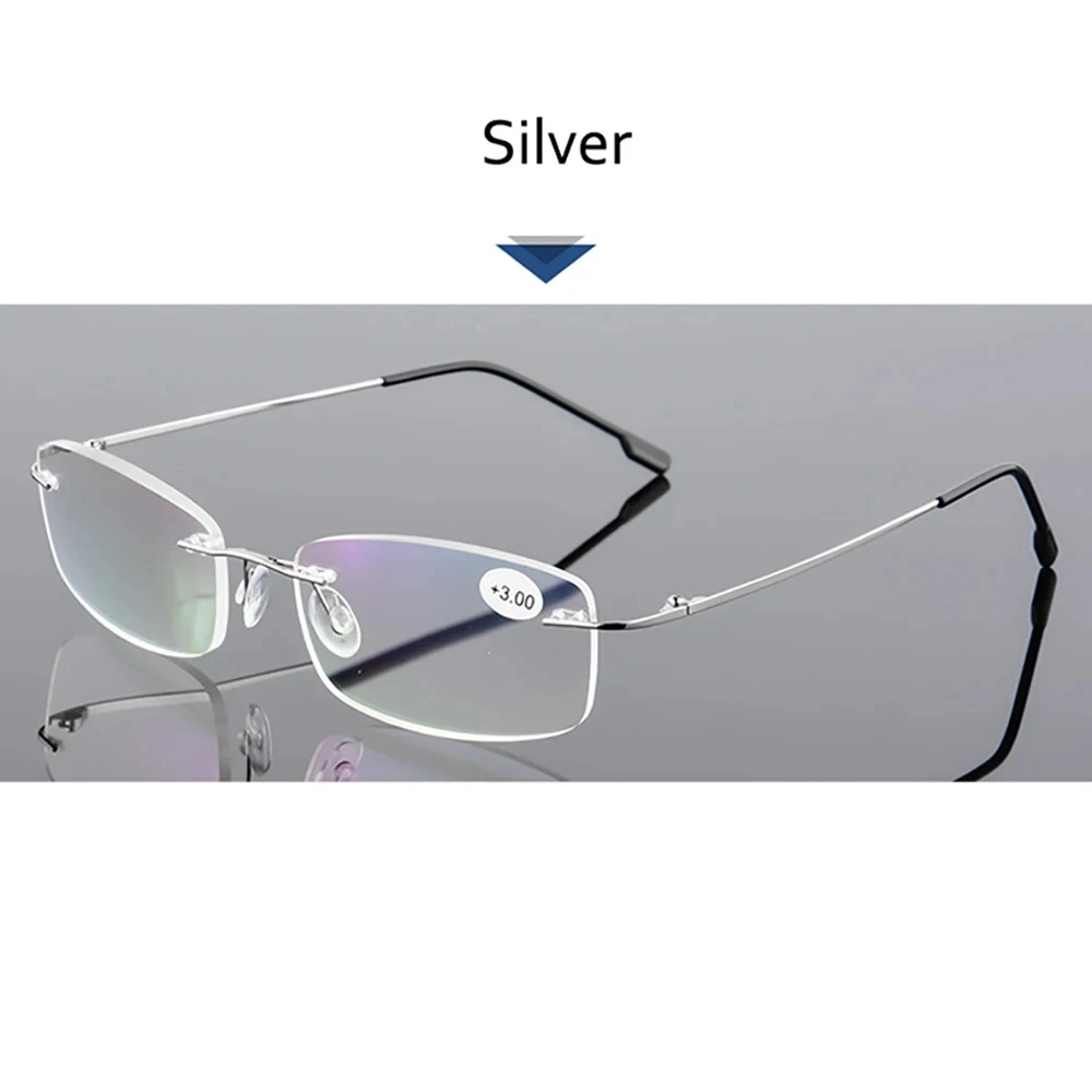 Blaulichtblockierende, ultraleichte TR90-Speicher-Titan-Randlose Lesebrille für Herren und Damen, Presbyopie-Brille +1,0 +1,5 +2,0 – Detail 6